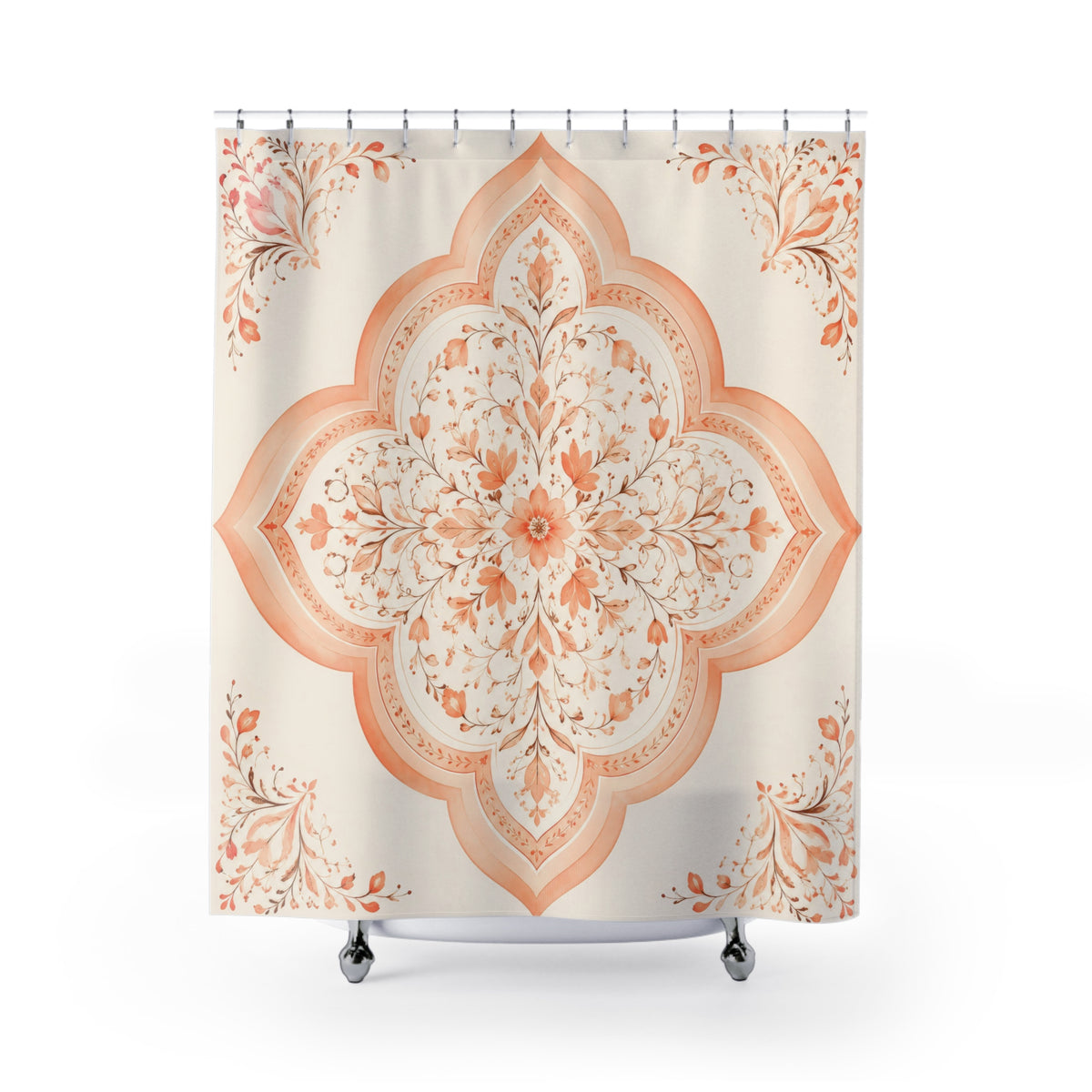 Peach quatrefoil floral medallion shower curtain with full front view