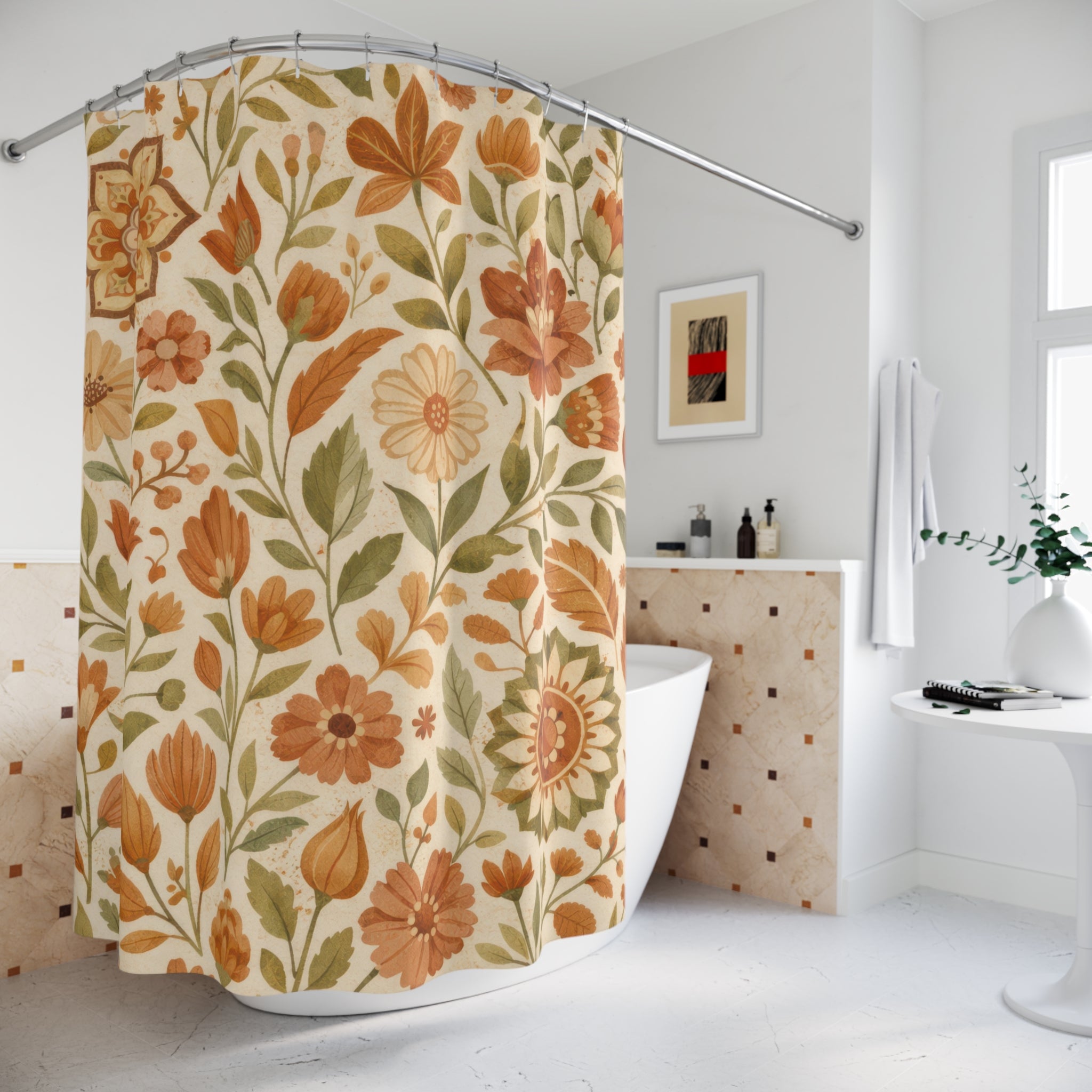 Boho Wildflower Shower Curtain – Terracotta and Sage