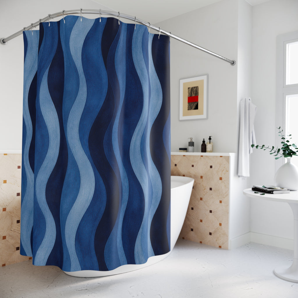 Navy Cobalt Ripple Stripe Shower Curtain