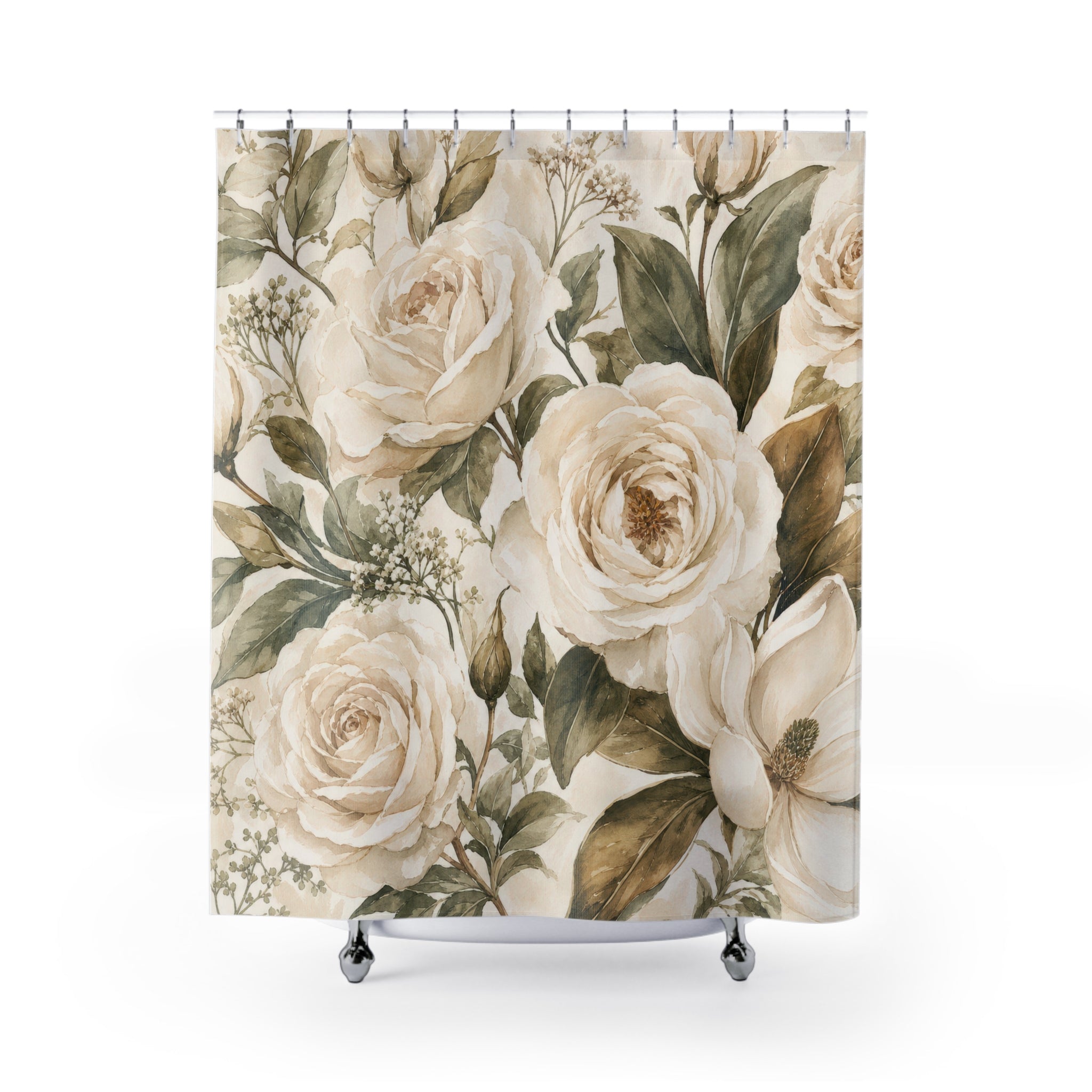 Cream White Floral Botanical Shower Curtain