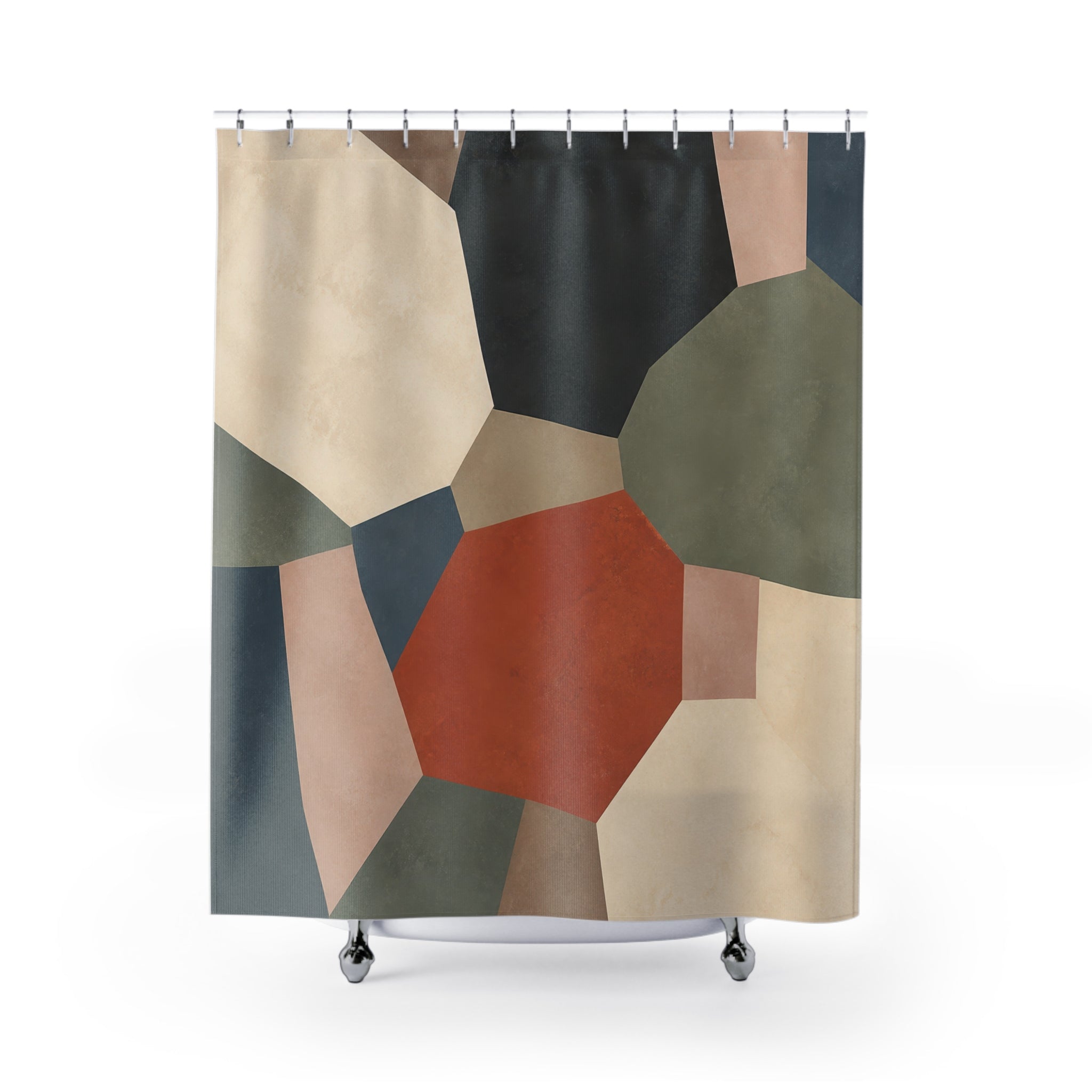 Terracotta mineral patchwork slabs shower curtain with full front view