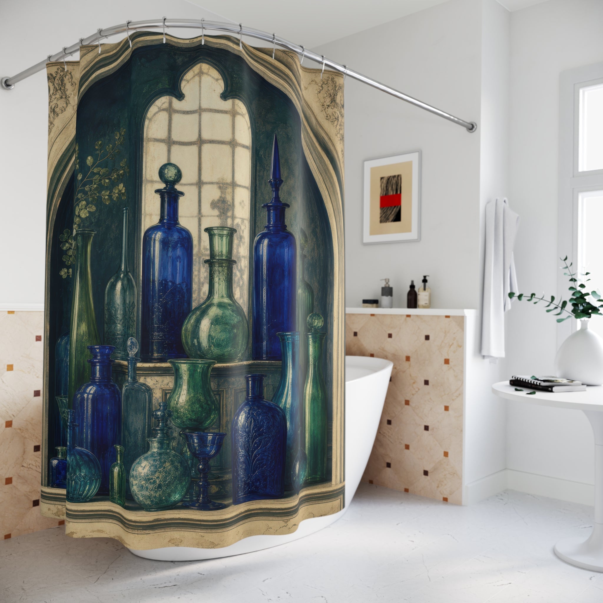 Blue and Green Apothecary Glass Shower Curtain