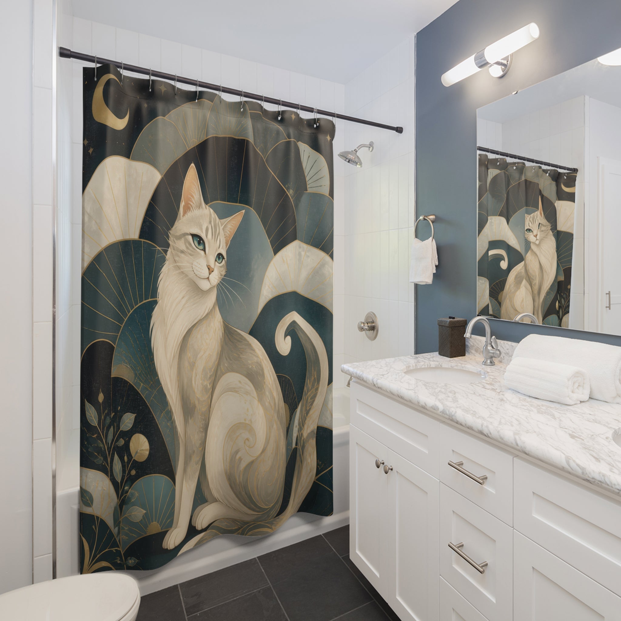Pearl and teal cat portrait framed by fan arches shower curtain beside a white vanity