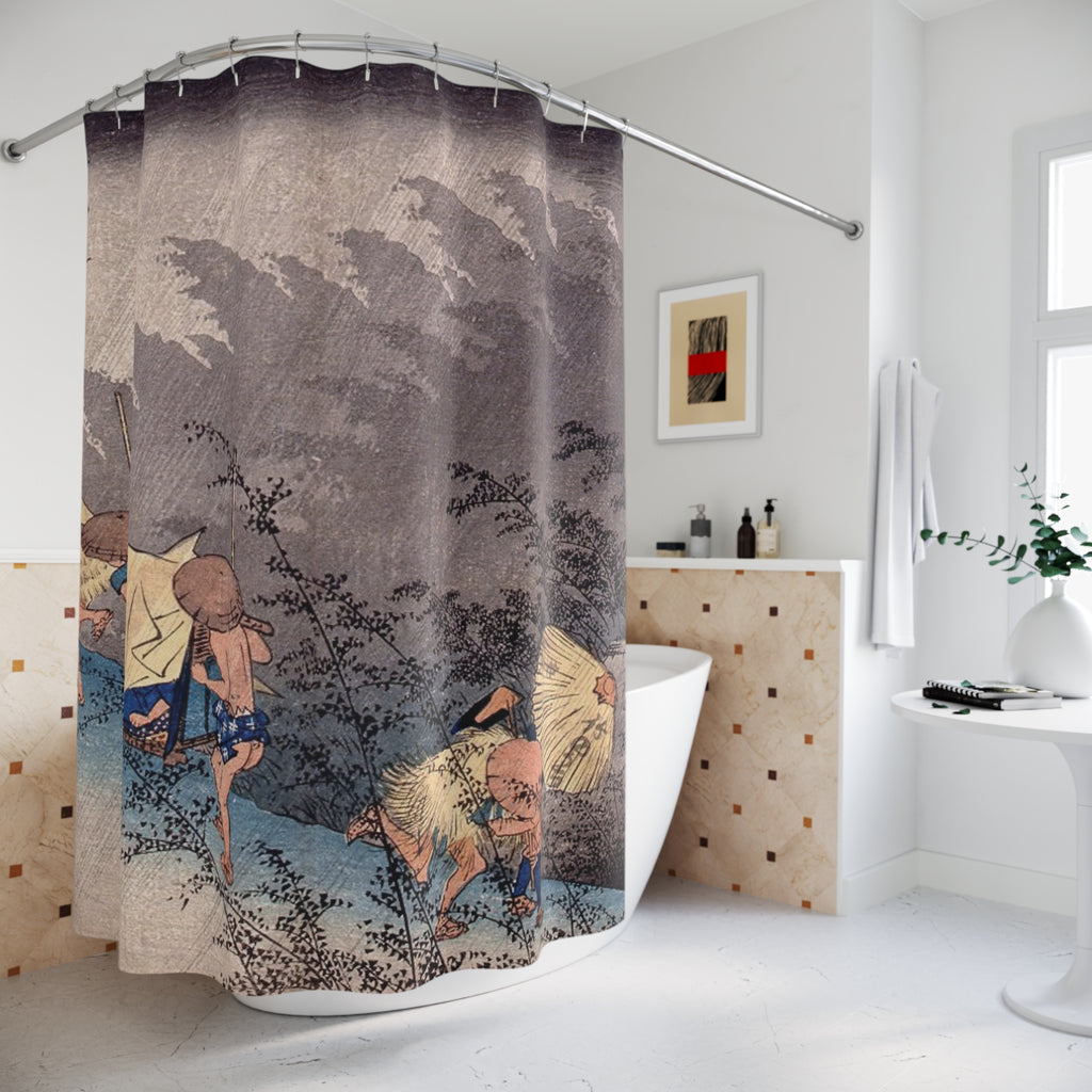 Hiroshige Japanese Woodblock Shower Curtain, Blue Grey Rainstorm Bathroom Art, Edo Period Tokaido Print, Vintage Bath Curtain
