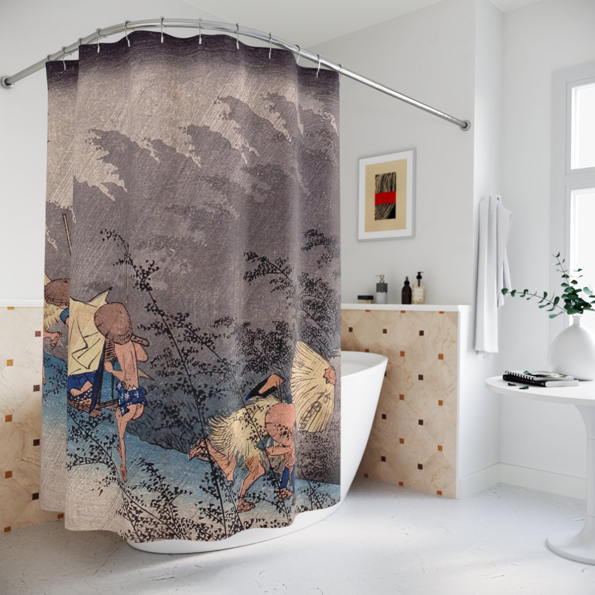 Hiroshige Japanese Woodblock Shower Curtain, Blue Grey Rainstorm Bathroom Art, Edo Period Tokaido Print, Vintage Bath Curtain