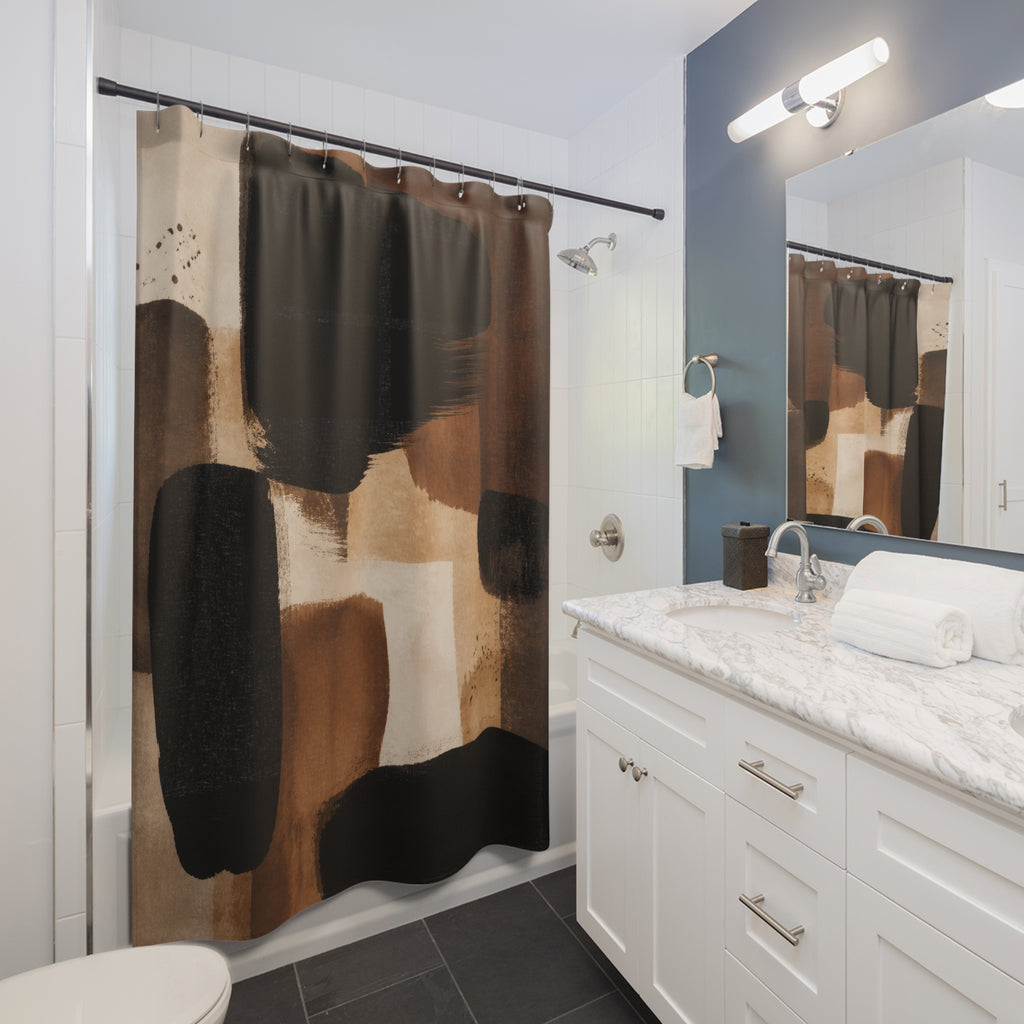 Brown Abstract Shower Curtain, Black Cream Modern Bath Decor, Painterly Block Pattern, Modern Warm Neutral Guest Bathroom Decor Style