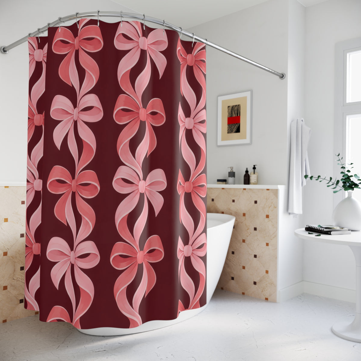 Pink bow chains in blush and coral on burgundy shower curtain beside a freestanding tub