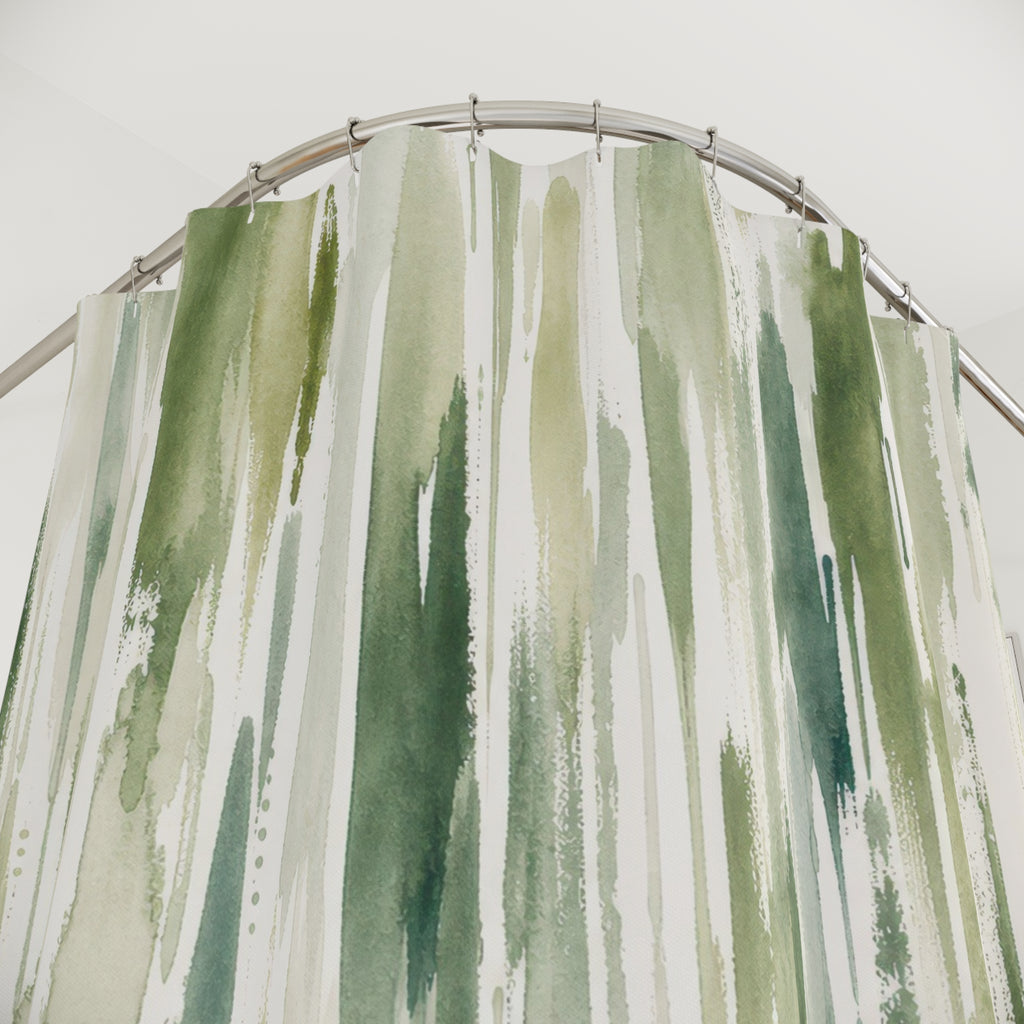 White Watercolor Green Stripe Modern Beige Black Cream Shower Curtain
