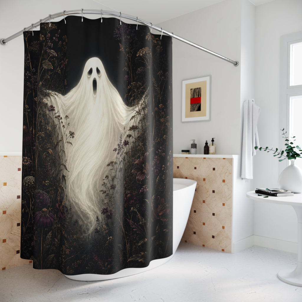 White ghost framed by plum and oxblood wildflowers shower curtain beside a freestanding tub