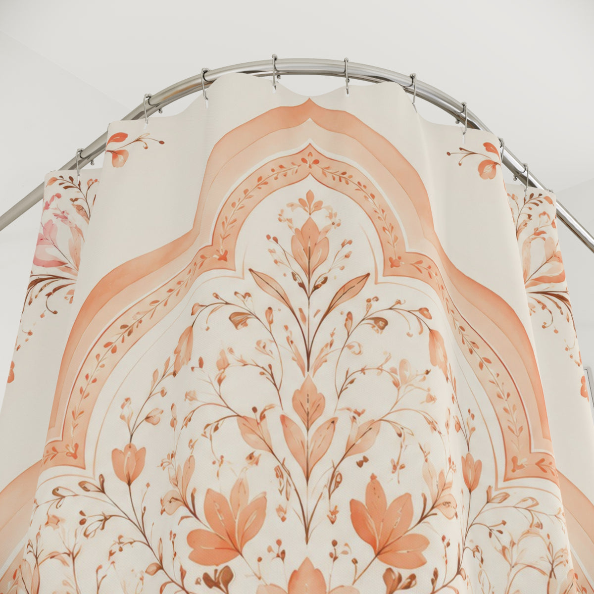 Peach quatrefoil floral medallion shower curtain with close-up print, hooks, and folds