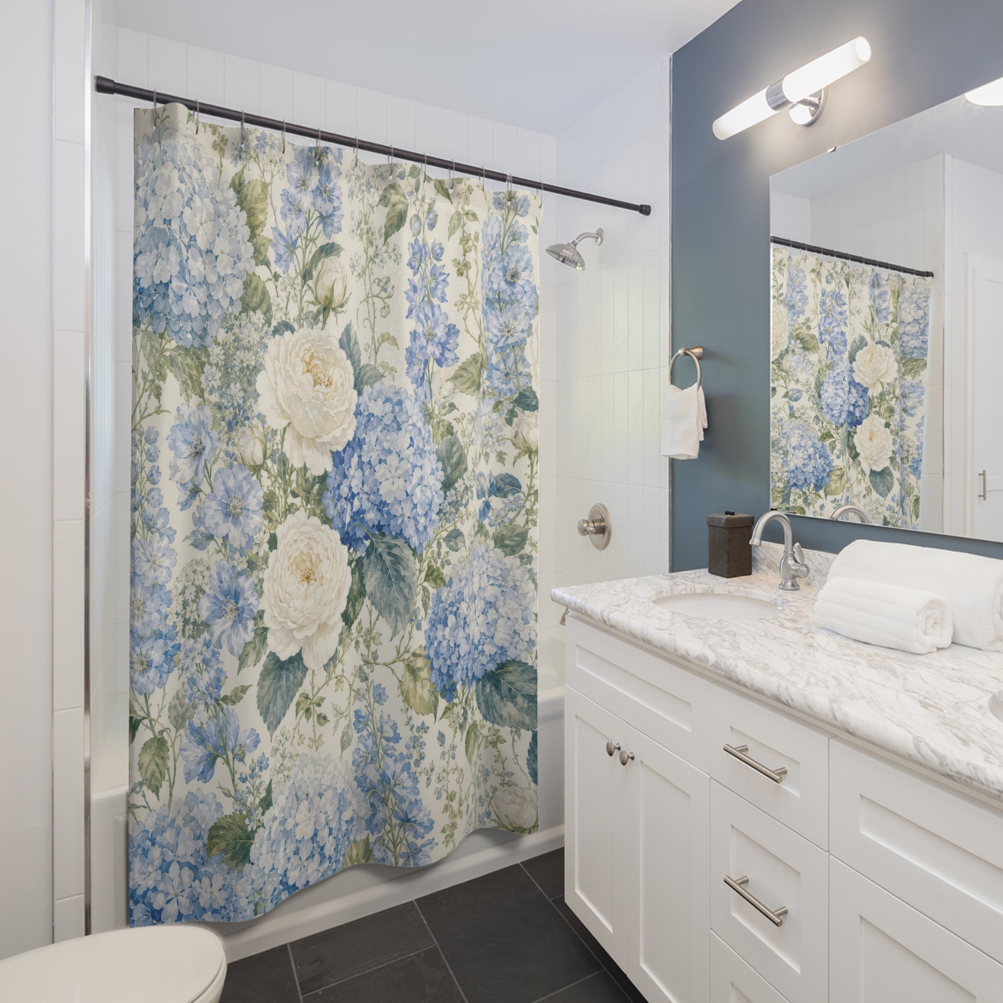 Blue Hydrangea Rose Shower Curtain