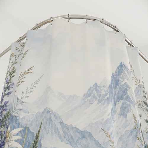 Alpine Wildflower Landscape mountain pattern shower curtain with close-up print, hooks, and folds