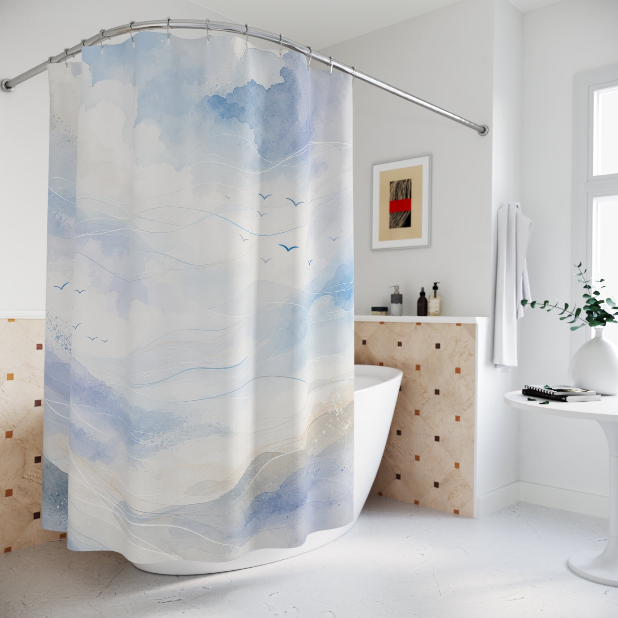 Blue Sky Mountain Watercolor Shower Curtain