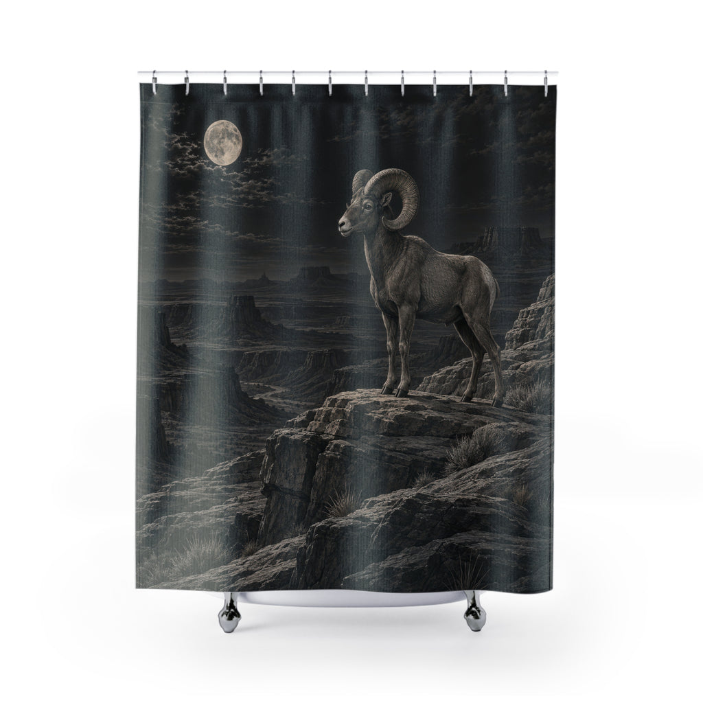 Bighorn sheep on a moonlit charcoal mountain ridge shower curtain with full front view
