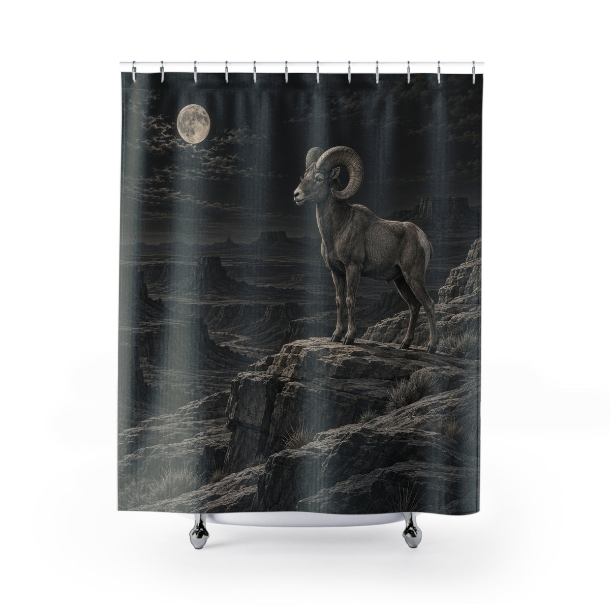 Bighorn sheep on a moonlit charcoal mountain ridge shower curtain with full front view
