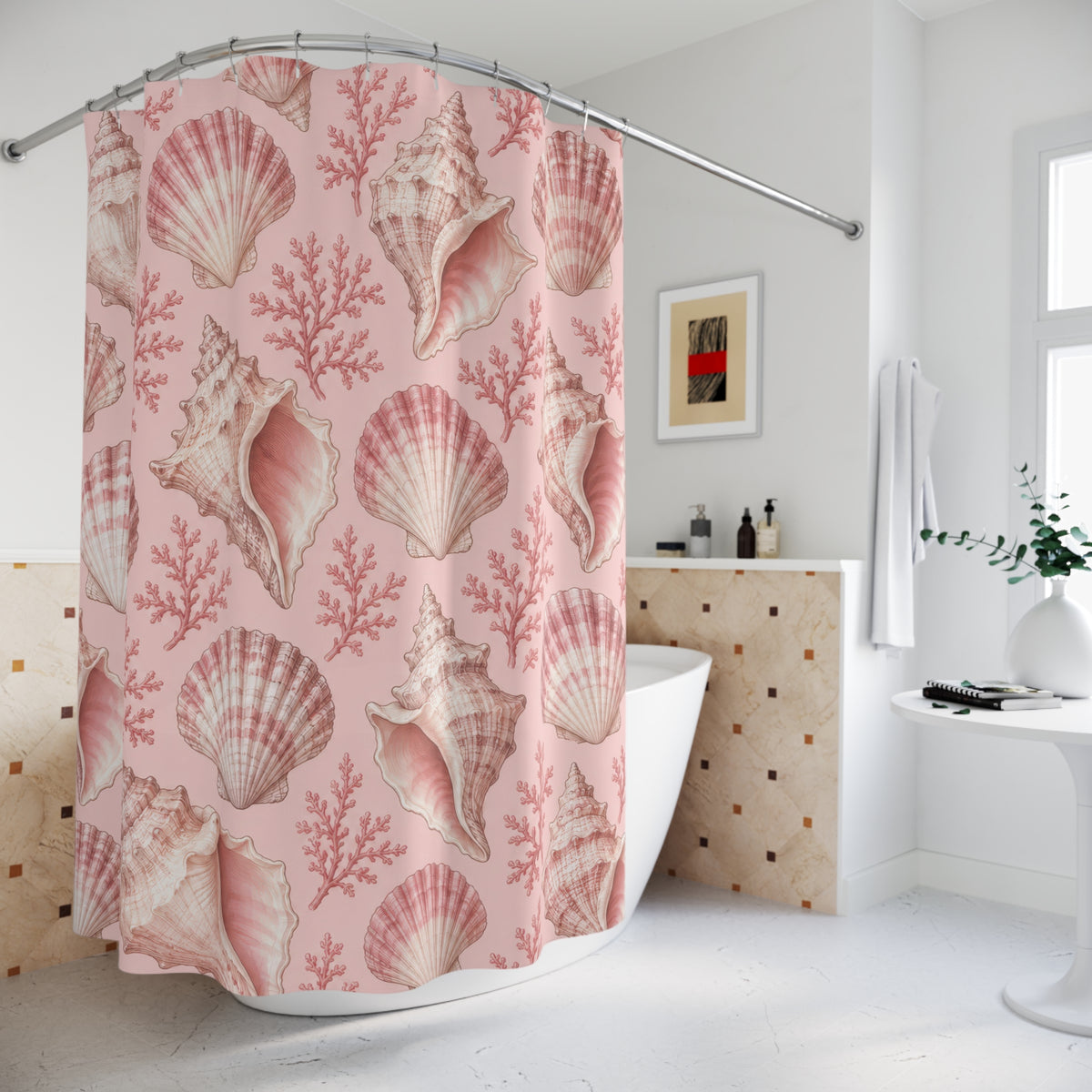 Light pink and ivory seashells with rose coral shower curtain beside a freestanding tub