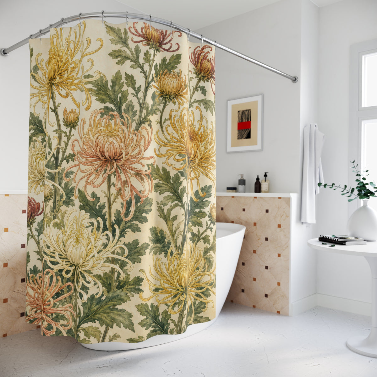 Yellow Cream Floral Botanical chrysanthemum shower curtain beside a freestanding tub