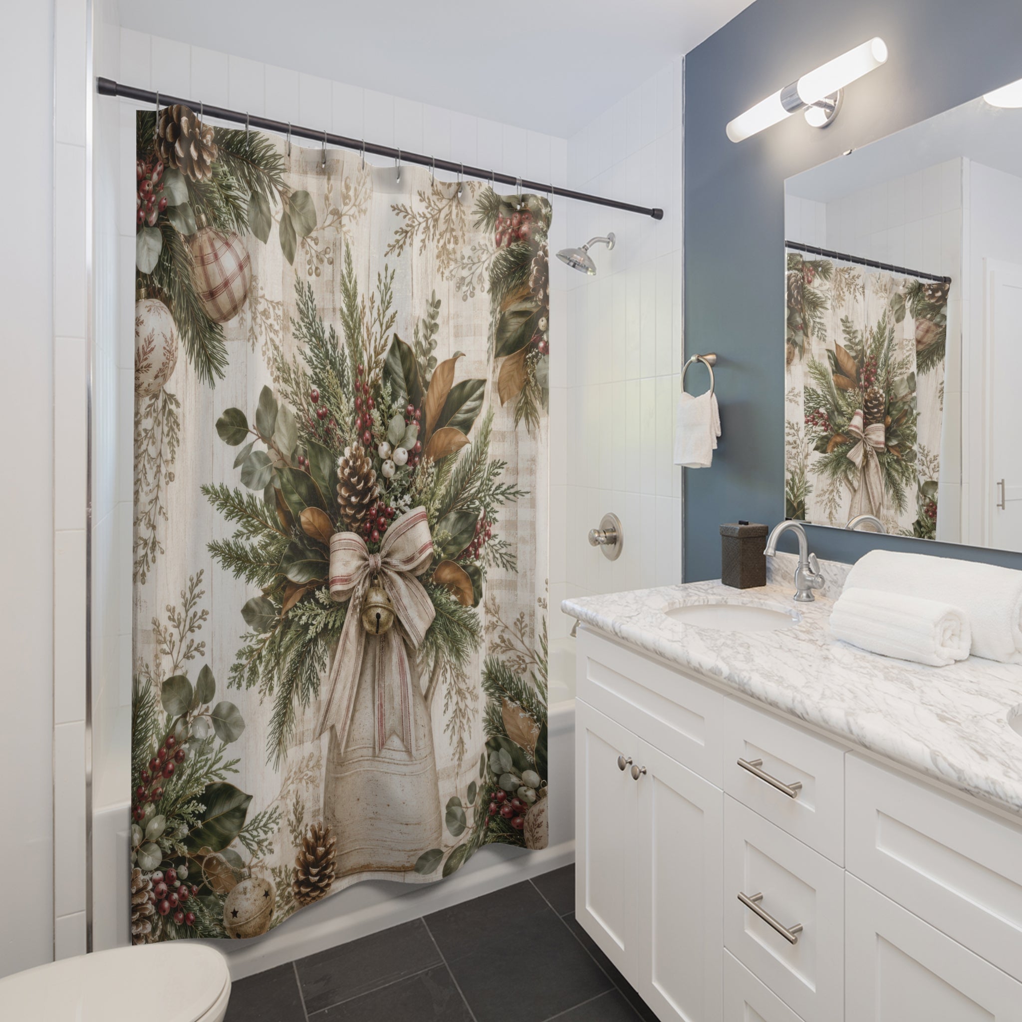 Farmhouse Christmas Shower Curtain: Rustic Holiday Botanical