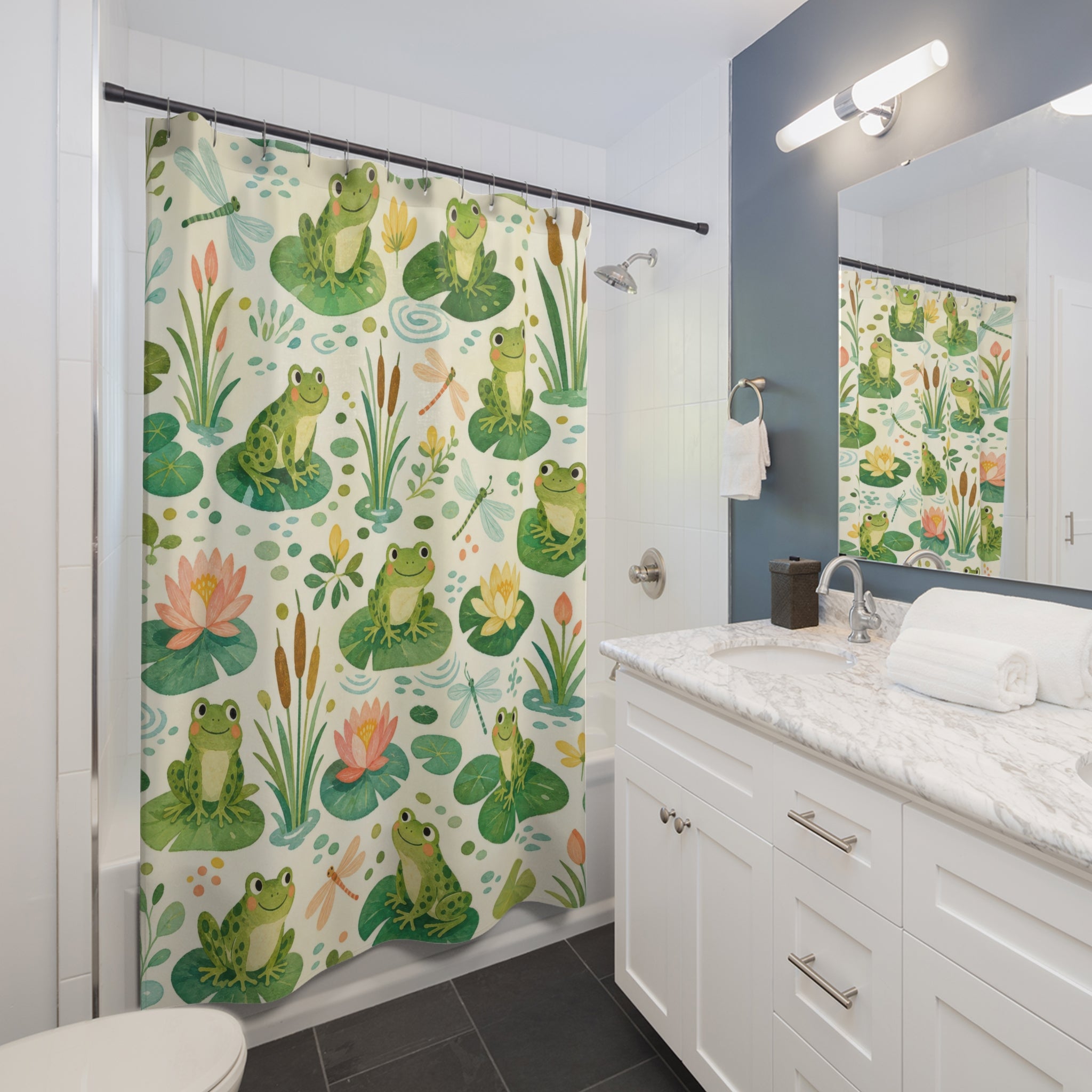 Kids Frog Shower Curtain, Lily Pad Pond Animal Pattern, Green Bathroom Decor, Cute Nature Pond Wall Decor Guest Bath Gift For Home
