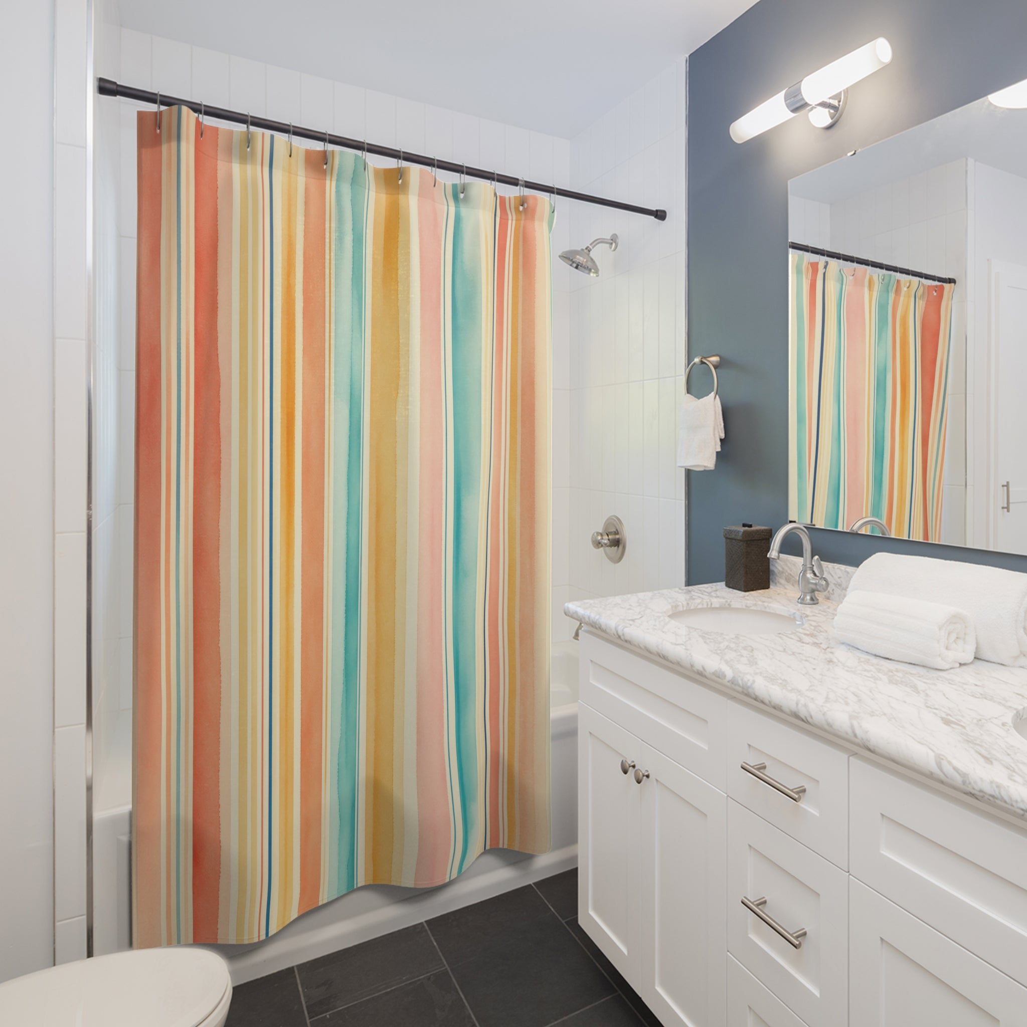 Coral Aqua Watercolor Stripe Shower Curtain