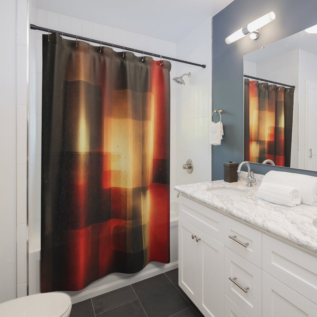 Abstract Shower Curtain, Warm Red Black Bath Decor, Modern Light Block Pattern, Guest Bathroom Decor, Moody Amber Style, Warm Modern Style