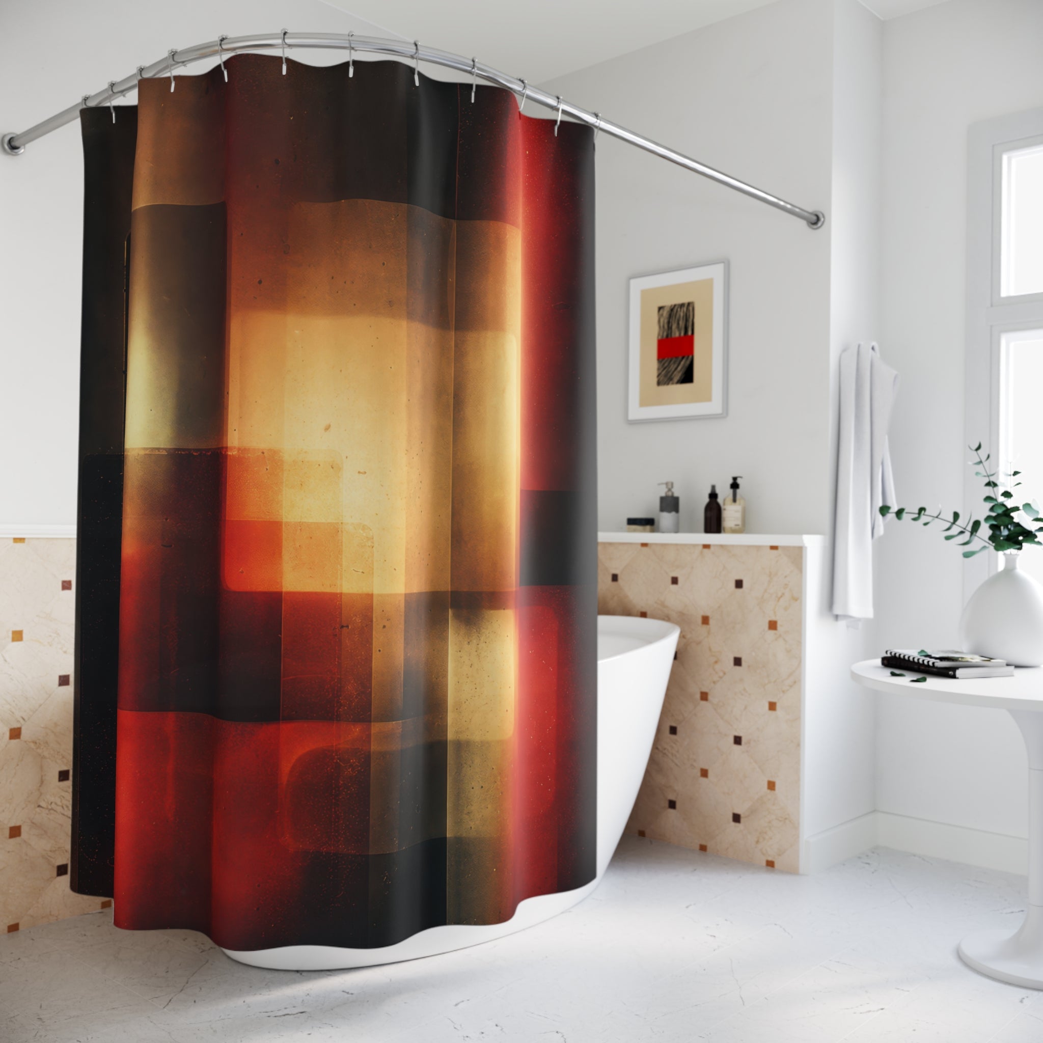 Abstract Shower Curtain, Warm Red Black Bath Decor, Modern Light Block Pattern, Guest Bathroom Decor, Moody Amber Style, Warm Modern Style