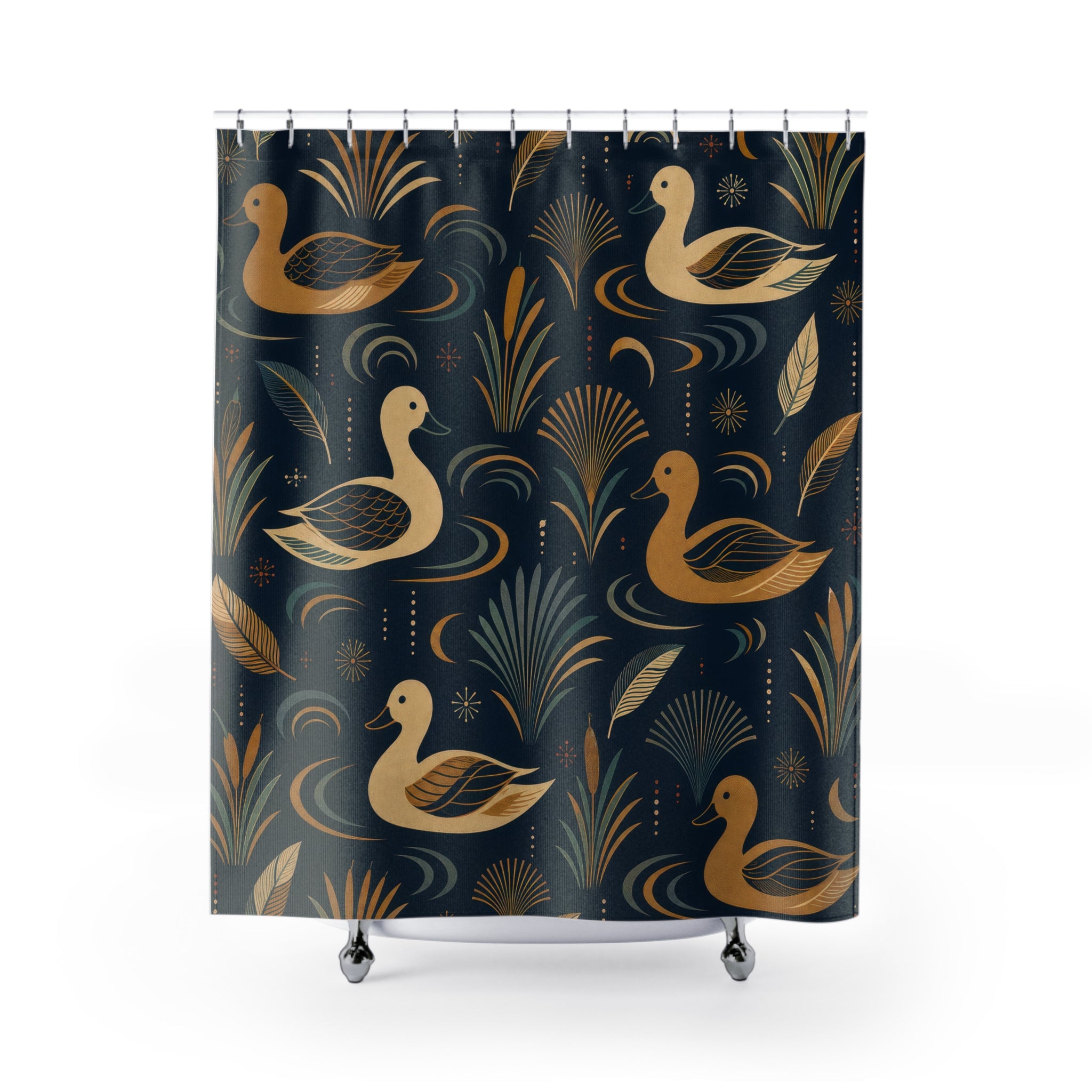Navy Gold Duck Fan Shower Curtain