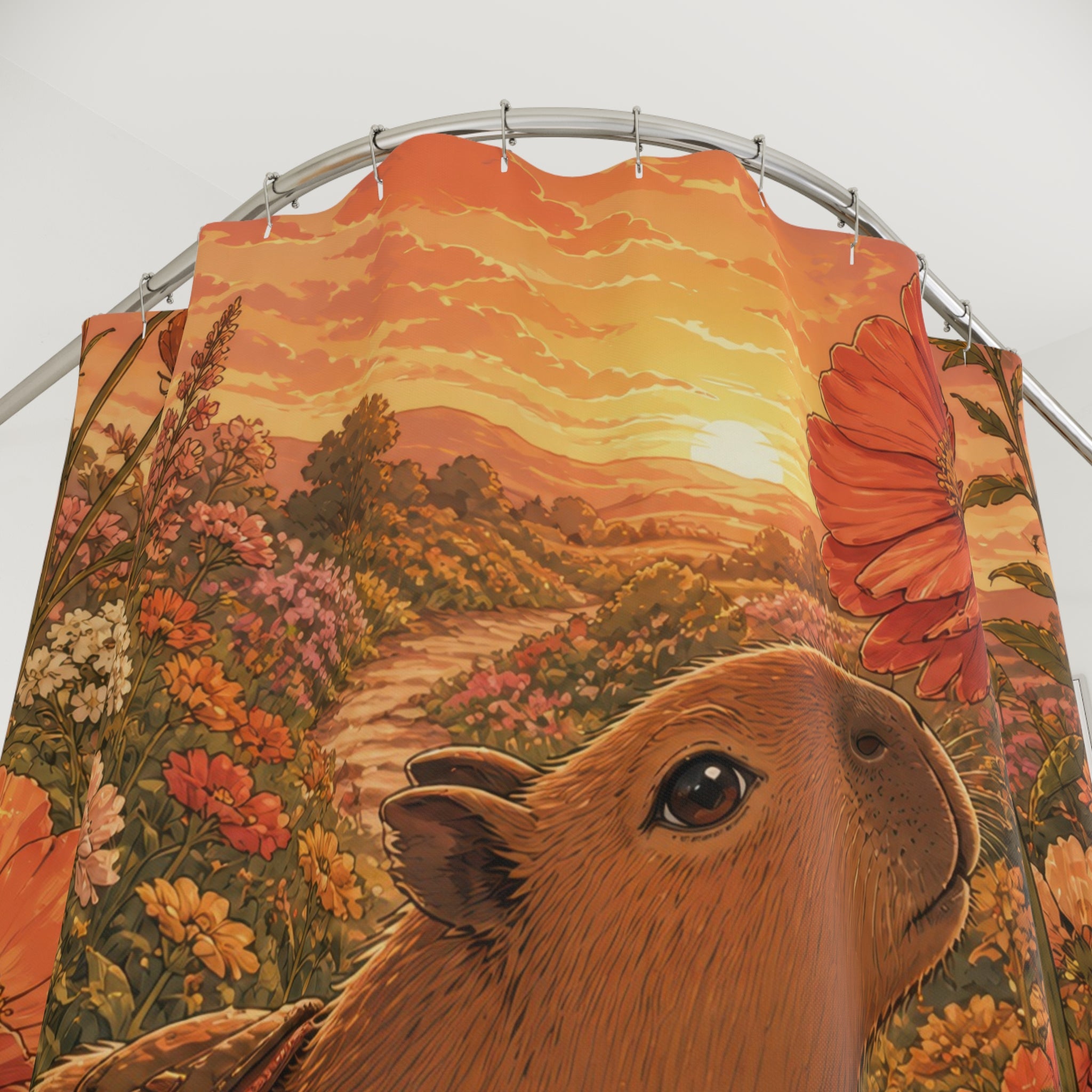 Capybara botanist walking through warm oversized wildflowers shower curtain with close-up print, hooks, and folds