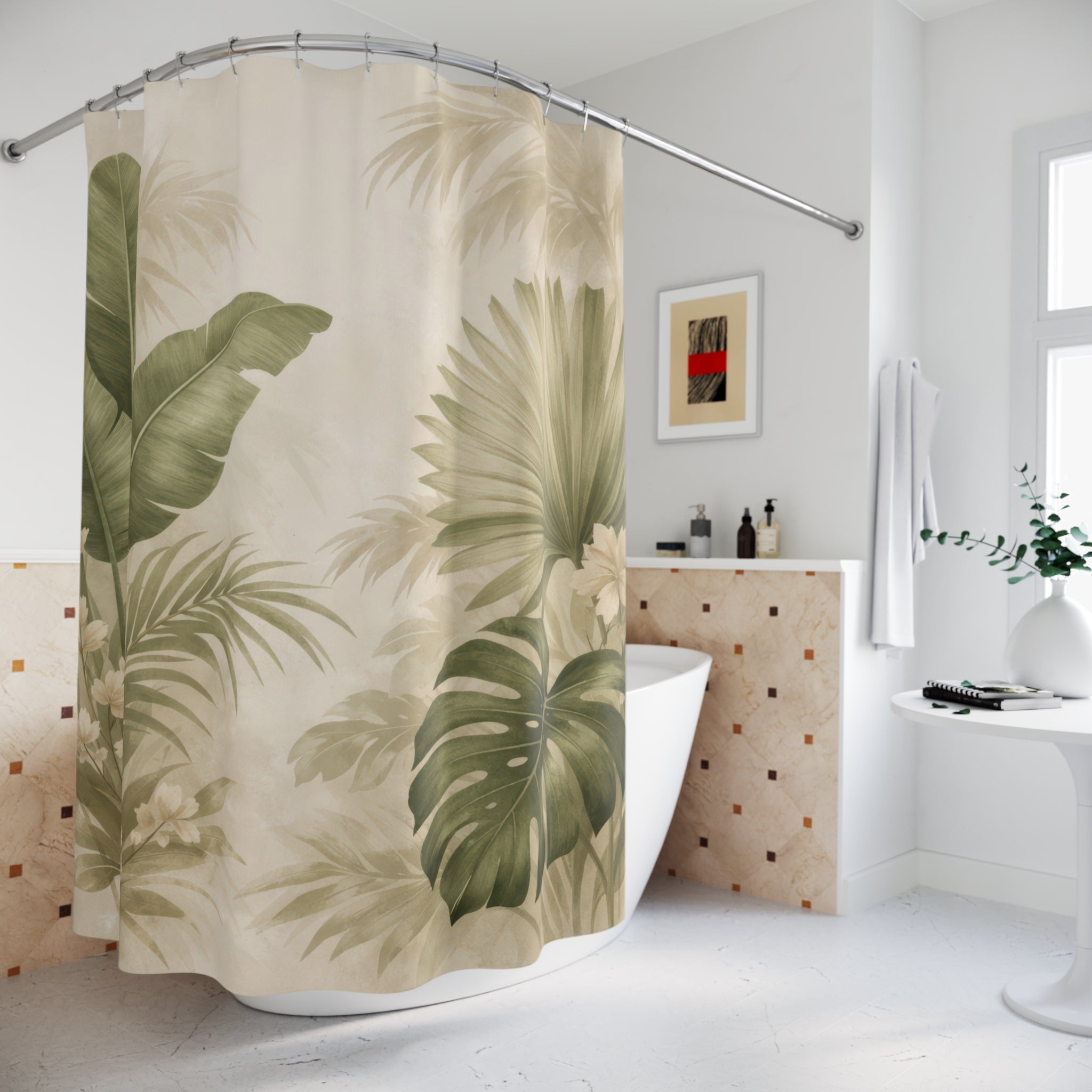 Botanical Palm Leaf Shower Curtain – Beige Green