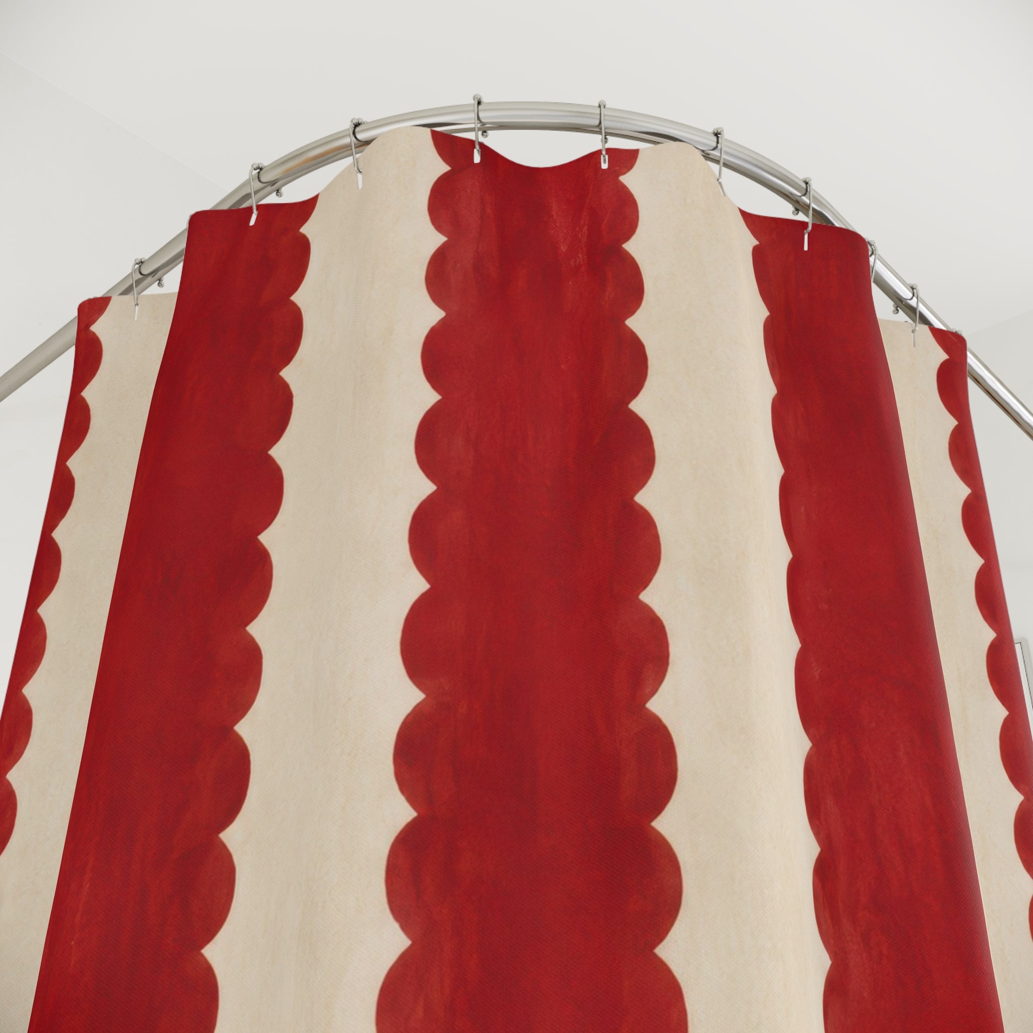 Red and White Striped Scallop Scalloped Cottage Grandmillennial Shower Curtain
