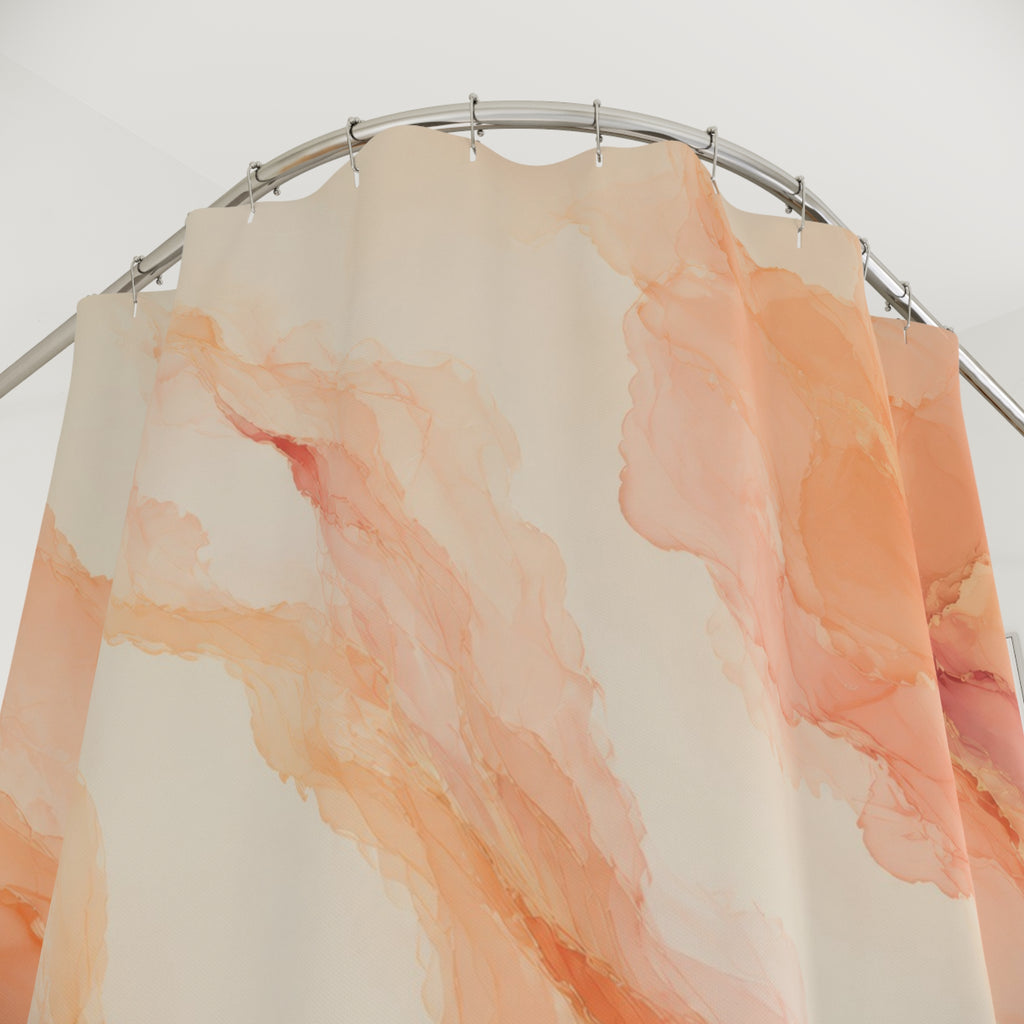 Peach mineral plume abstract shower curtain with close-up print, hooks, and folds