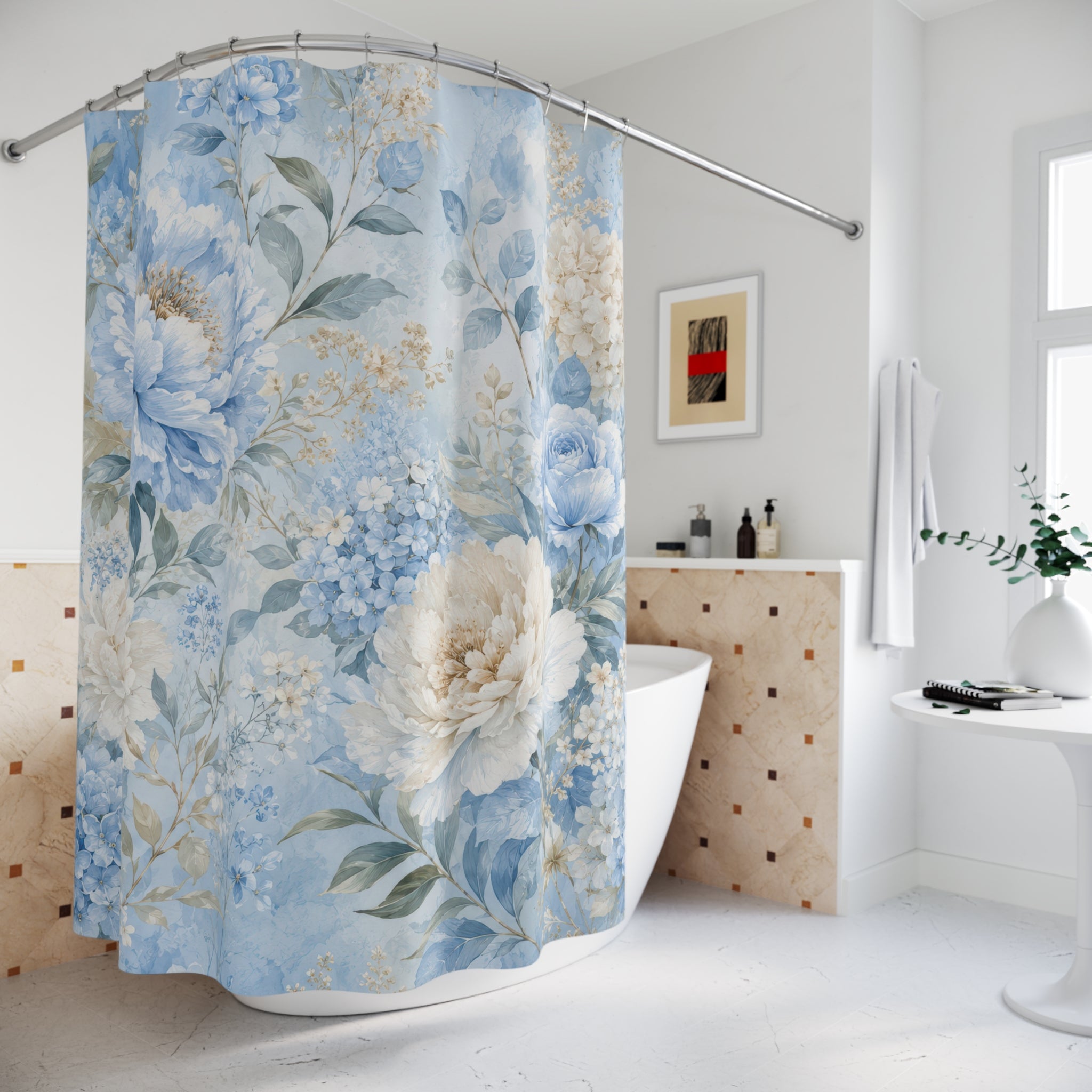Light Blue Floral Shower Curtain: Watercolor Flower