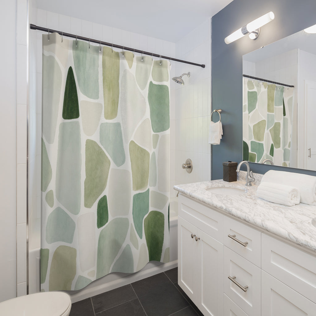 Green White Shower Curtain, Abstract Mosaic Bath Decor, Sage Tile Pattern, Modern Guest Bathroom Decor, Soft Organic Fresh Style Decor