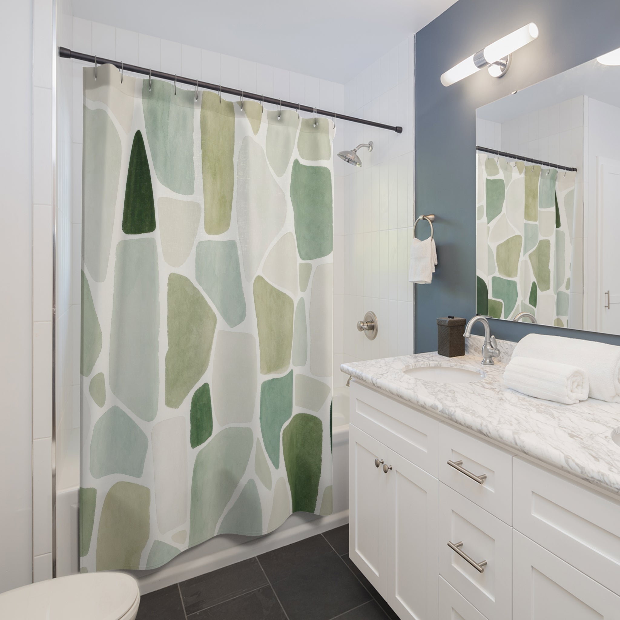 Green White Shower Curtain, Abstract Mosaic Bath Decor, Sage Tile Pattern, Modern Guest Bathroom Decor, Soft Organic Fresh Style Decor