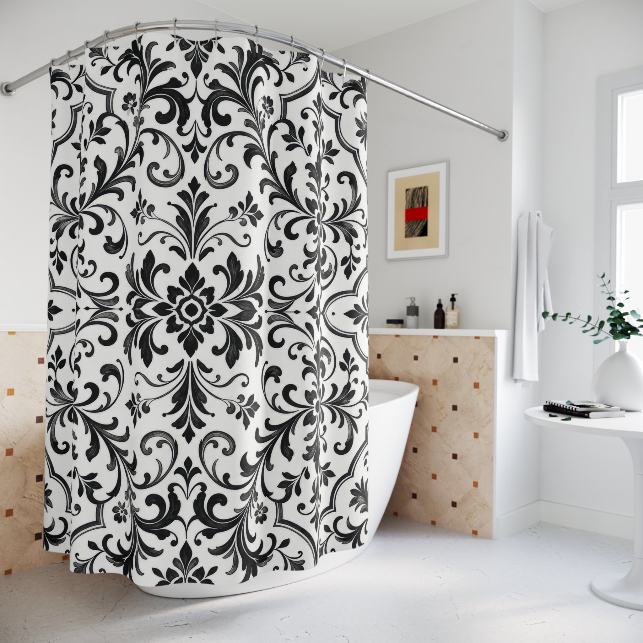 Black White Damask Floral Botanical Scroll Vintage Shower Curtain