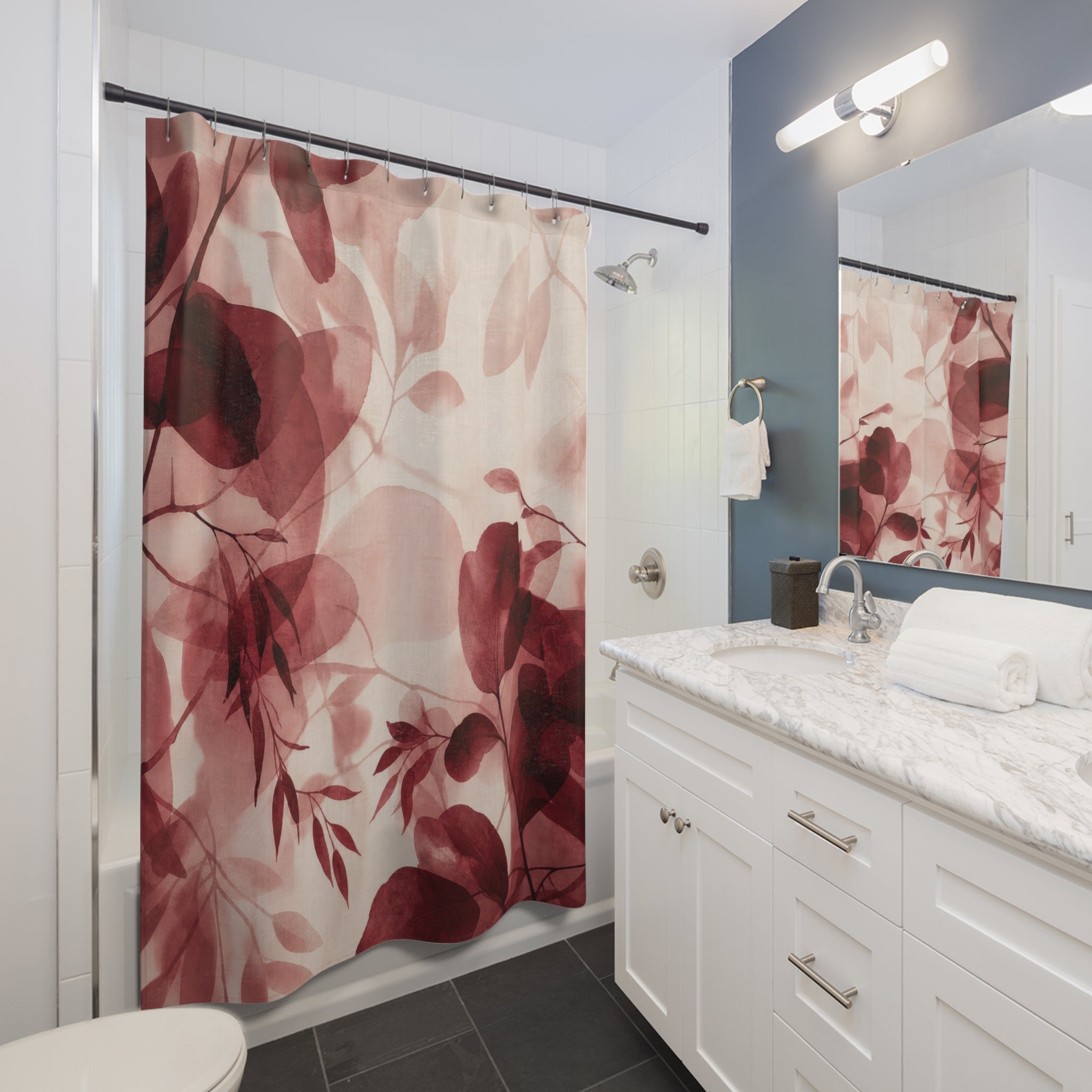 Pink Watercolor Botanical Red Floral Shower Curtain