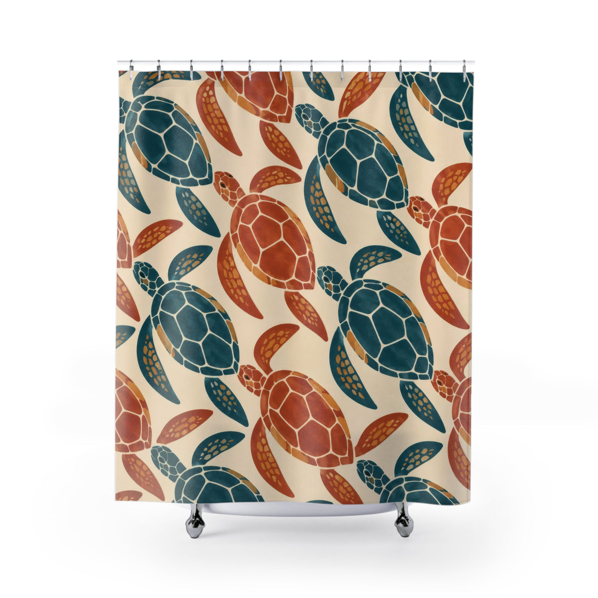 Teal and terracotta sea turtle pattern shower curtain with full front view