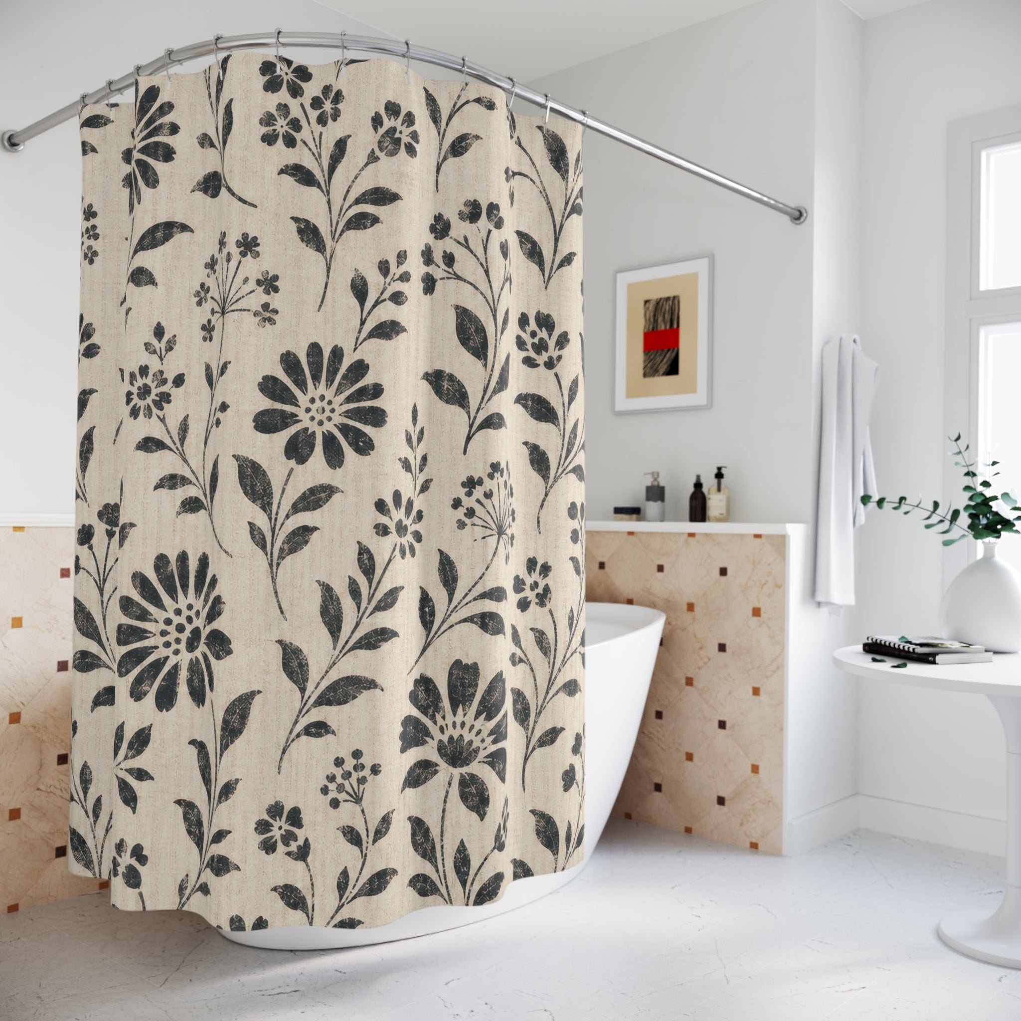 Black Stencil Floral Shower Curtain