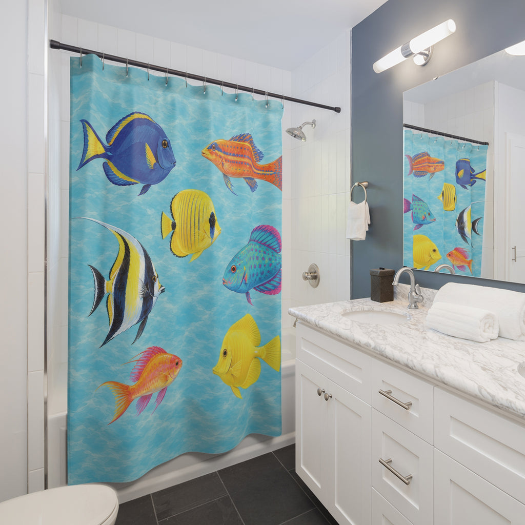 Blue, yellow, orange and turquoise reef fish in aqua water shower curtain beside a white vanity