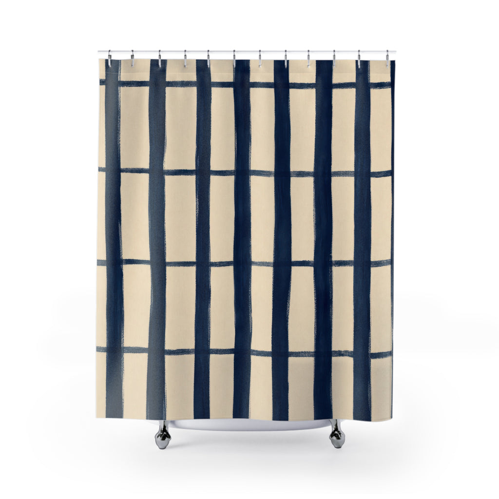 Navy Blue Cream Windowpane Shower Curtain