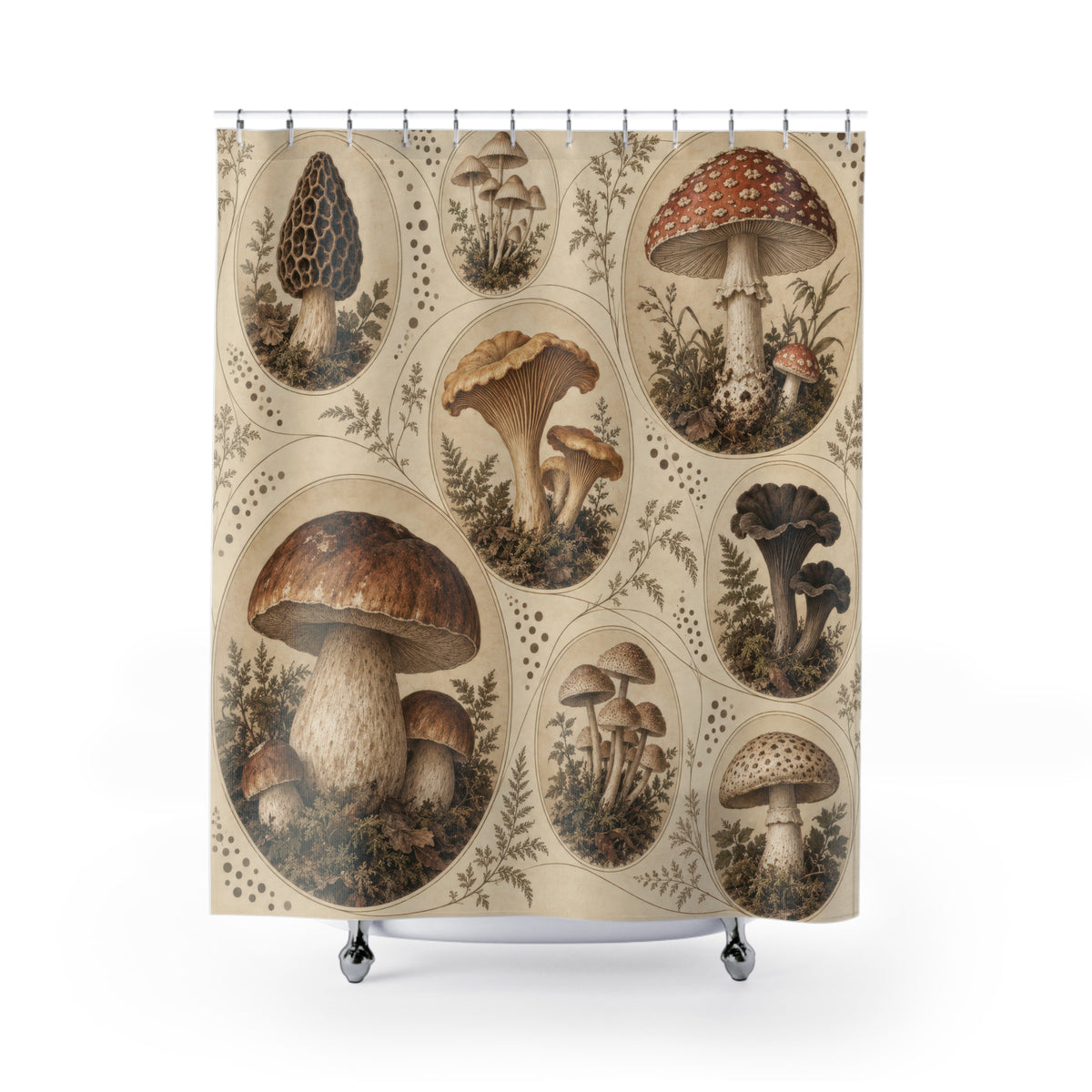 Vintage mushroom cameos in sepia and ivory shower curtain with full front view