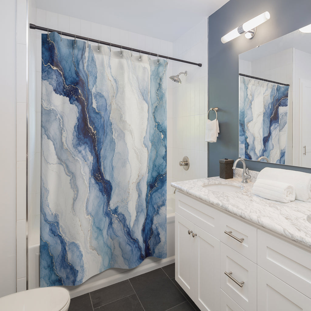 Blue Agate Marble Shower Curtain, Blue White Modern Bathroom Decor, Abstract Marble Bath Curtain, Guest Bath Decor, Small Bathroom Decor