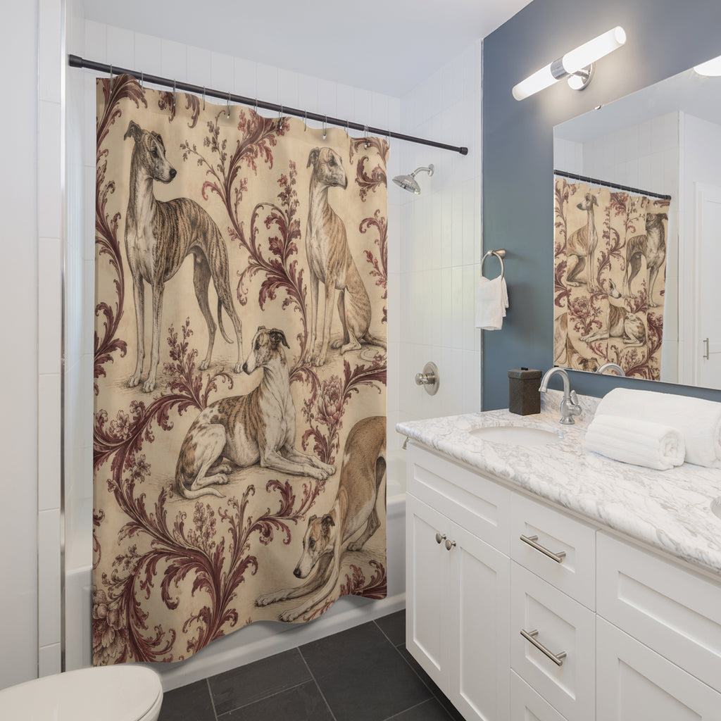 Whippets among burgundy ornamental foliage shower curtain beside a white vanity