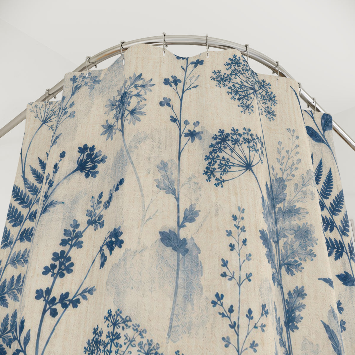 Blue Botanical cyanotype farmhouse white shower curtain with close-up print, hooks, and folds