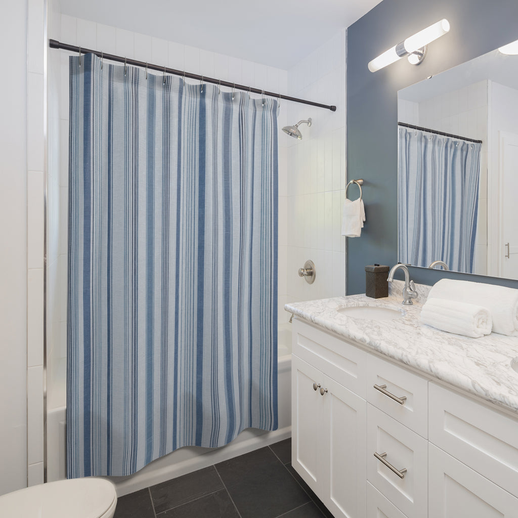 Navy Pale Blue Fine Vertical Stripes Shower Curtain