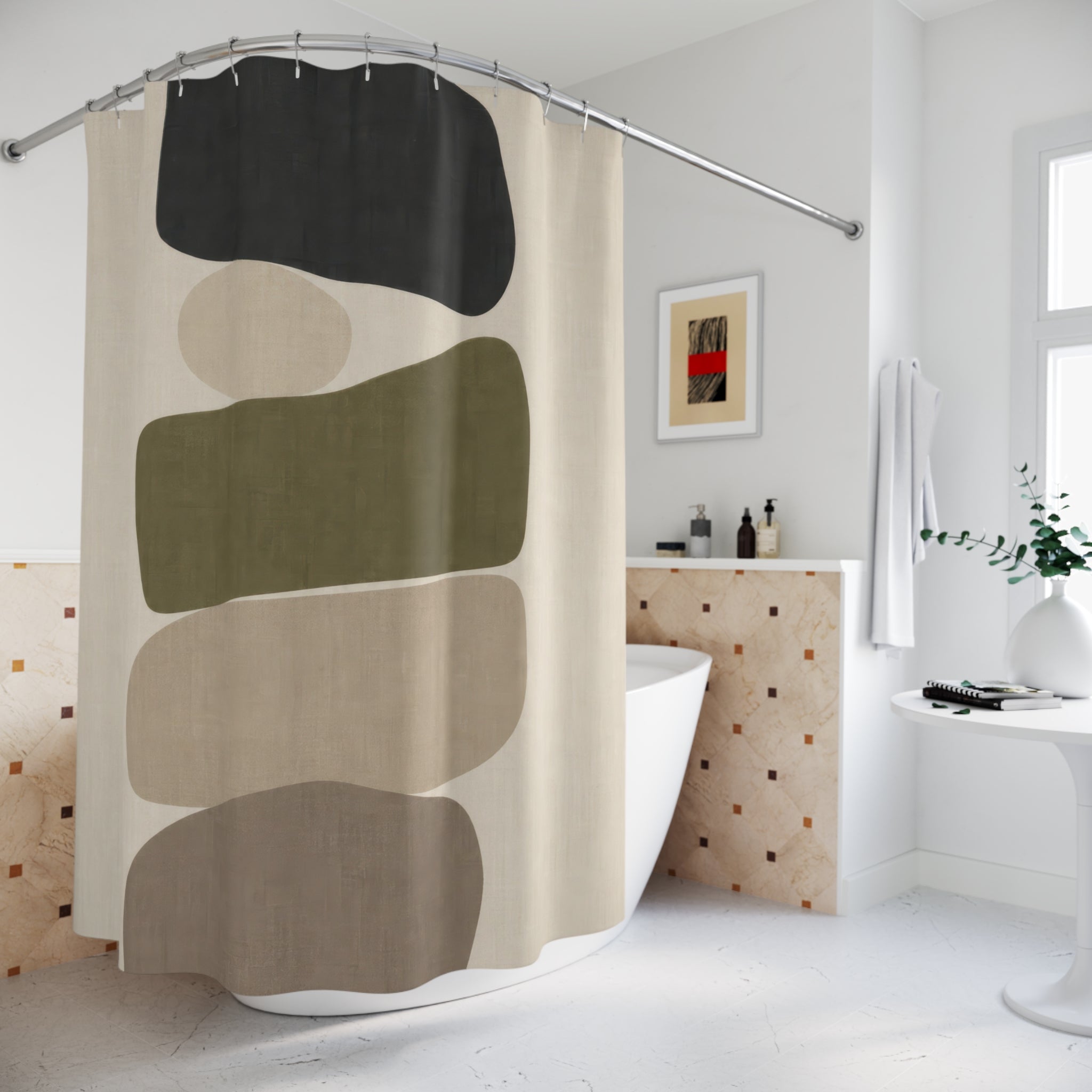 Abstract Shower Curtain, Charcoal Olive Minimal Shapes, Green Beige Bathroom Decor, Modern Neutral Guest Bath Organic Style