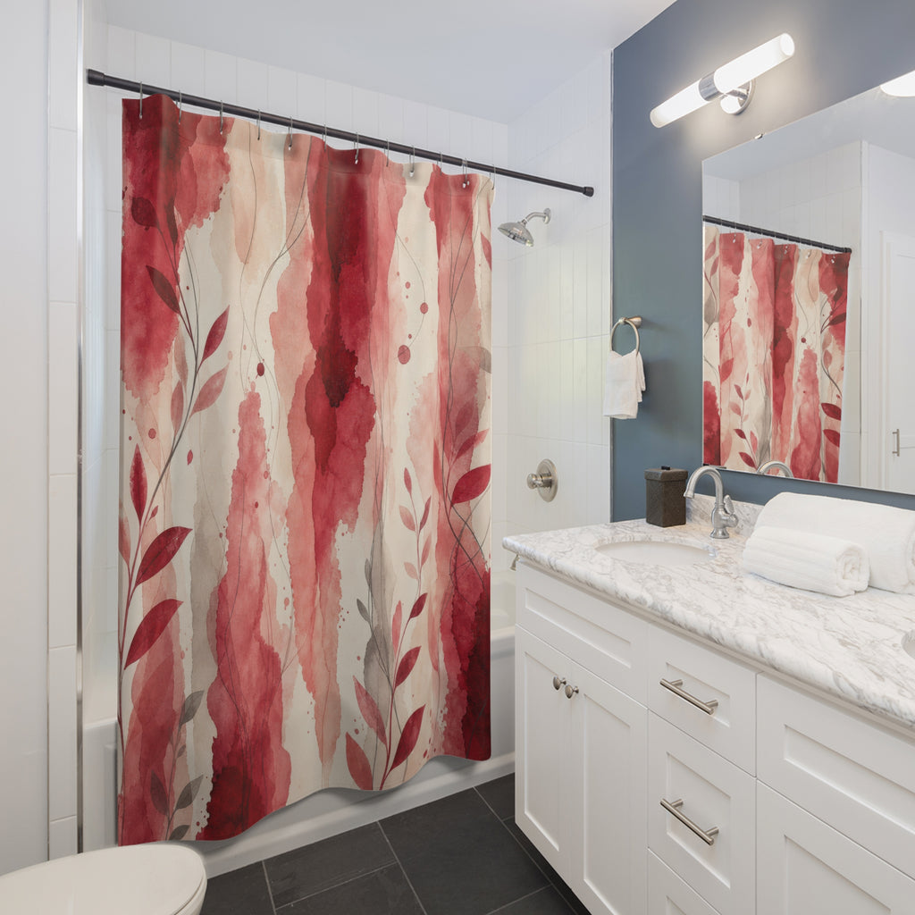 Watercolor Stripe Red Floral Shower Curtain