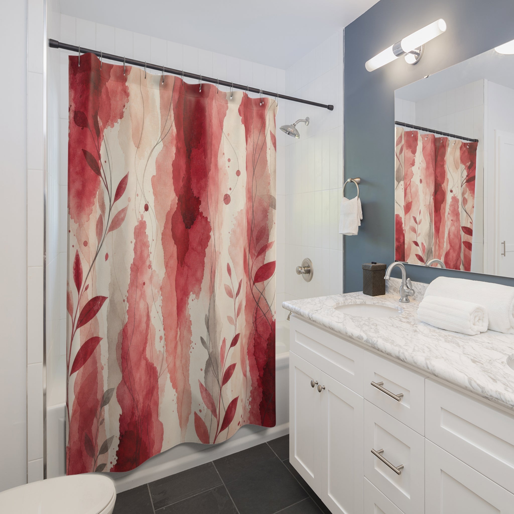 Watercolor Stripe Red Floral Shower Curtain