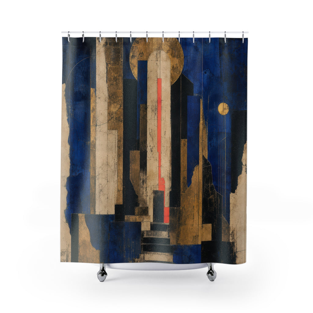 Art Deco Shower Curtain, Navy Blue Gold Architectural Arch, Abstract Geometric Bathroom Decor, Modern Glam Guest Bath Art, Bold Bath Decor