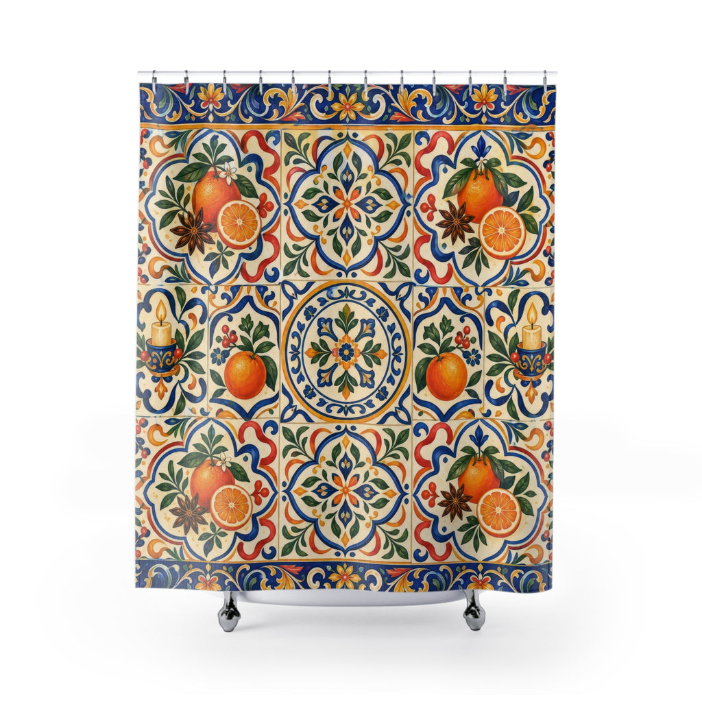Christmas Citrus Shower Curtain, Cobalt Orange Mediterranean Holiday Pattern, Saffron Evergreen Winter Bathroom Decor, Festive Guest Bath
